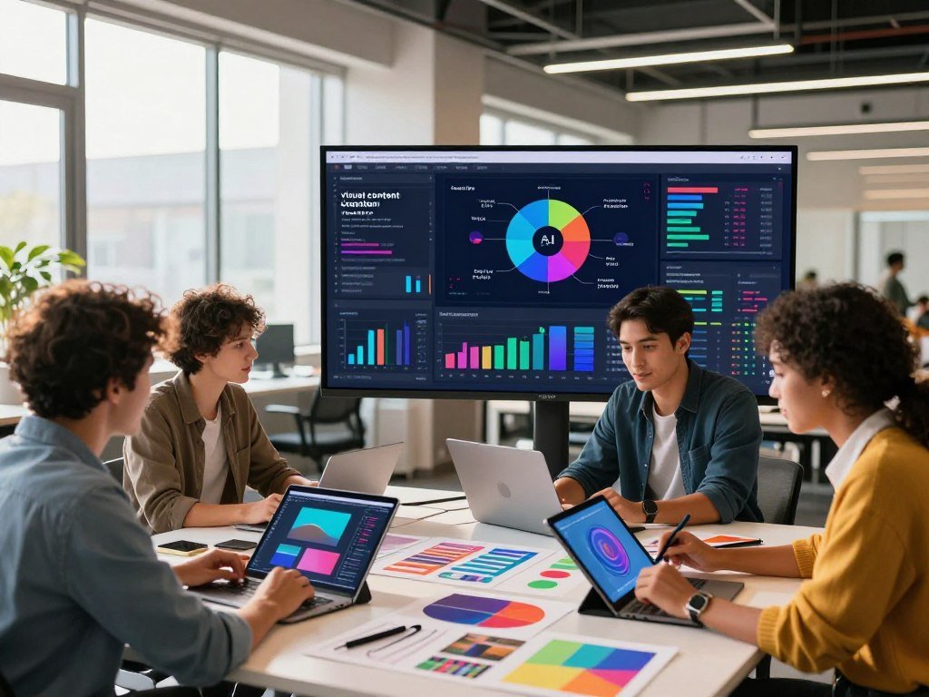 A modern graphic design workspace showcasing "visual content creation" for marketers. In the foreground, a diverse team of three professionals, dressed in smart casual attire, collaborate around a sleek table filled with digital tablets, laptops, and colorful design mock-ups. The middle ground features large digital screens displaying vivid infographics, charts, and data visualizations, illustrating the integration of AI in graphic design. The background reveals a bright, open office space with large windows allowing warm natural light to filter in, creating an inspiring atmosphere. Use a wide-angle lens to capture the dynamic team interaction, emphasizing their creativity and engagement in crafting future-focused marketing visuals. The mood is energetic and innovative, highlighting the evolution of design in a tech-savvy world. A modern graphic design workspace showcasing "visual content creation" for marketers. In the foreground, a diverse team of three professionals, dressed in smart casual attire, collaborate around a sleek table filled with digital tablets, laptops, and colorful design mock-ups. The middle ground features large digital screens displaying vivid infographics, charts, and data visualizations, illustrating the integration of AI in graphic design. The background reveals a bright, open office space with large windows allowing warm natural light to filter in, creating an inspiring atmosphere. Use a wide-angle lens to capture the dynamic team interaction, emphasizing their creativity and engagement in crafting future-focused marketing visuals. The mood is energetic and innovative, highlighting the evolution of design in a tech-savvy world.