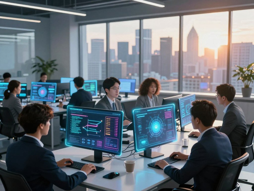 A modern, high-tech workspace showcasing machine learning content personalization. In the foreground, a diverse group of professionals in business attire, deeply engaged with holographic screens displaying personalized content analytics and data visualizations. The middle layer features futuristic computer workstations with glowing interfaces, emphasizing algorithms and user data streams. In the background, a large window reveals a skyline of a vibrant city, bathed in natural light, adding warmth to the scene. Soft, ambient lighting enhances the collaborative atmosphere, while subtle lens flares suggest innovation and creativity. Aim for a sleek, modern aesthetic that conveys the transformative power of AI in content personalization. The mood is inspiring and dynamic, inviting viewers to envision the future of content creation.