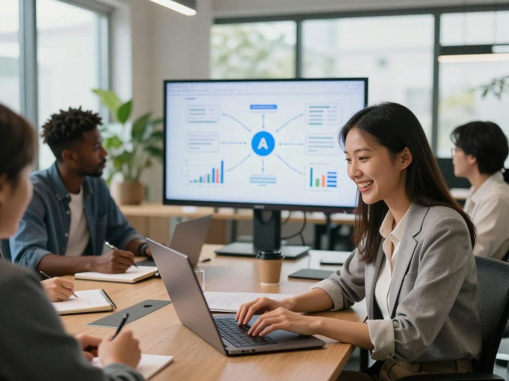 A modern office setting featuring a diverse group of professionals engaged in a collaborative content brainstorming session. In the foreground, a well-dressed woman of Asian descent is typing on a laptop, visibly excited. Next to her, a man of African descent makes notes on a notepad. In the middle, a large screen displays a dynamic graph and brainstorming ideas, glowing softly. The background reveals a bright, airy workspace with plants and large windows letting in natural light, enhancing the atmosphere of innovation. The mood is focused yet collaborative, with warm lighting and a slight lens blur to emphasize the action. Capture this moment from a slightly elevated angle to showcase teamwork and the human touch in AI-assisted content strategy.