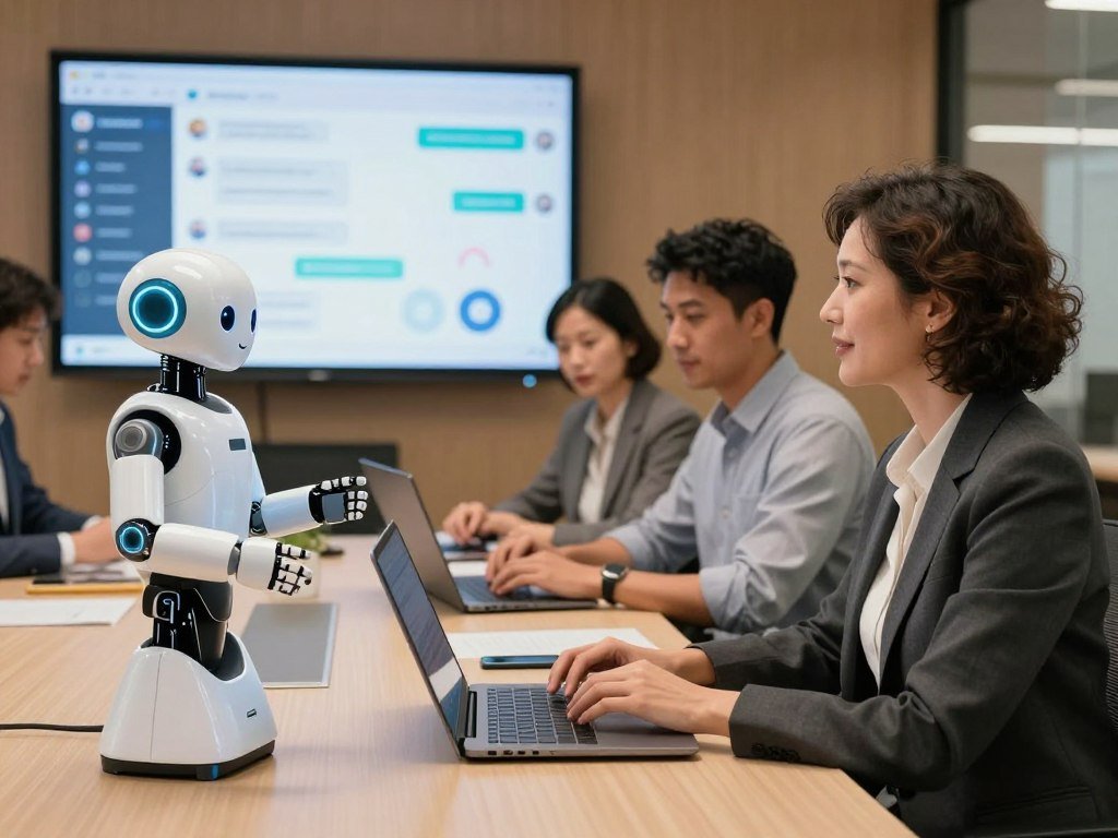 A modern office setting showcasing an AI chatbot providing technical support to a diverse group of local business owners. In the foreground, a friendly, humanoid robot with a sleek design communicates with a middle-aged woman in professional attire, looking engaged and interested. In the middle ground, a diverse team of business professionals, including a young man in smart casual clothing and an older woman in business attire, is seated at a conference table, reviewing data on laptops. The background features a large screen displaying chatbot interactions and analytics, with warm lighting creating a collaborative atmosphere. The angle is slightly elevated to capture the excitement and problem-solving environment, highlighting teamwork and innovation. The mood is optimistic and forward-thinking, emphasizing the potential of AI in overcoming challenges in local business support. A modern office setting showcasing an AI chatbot providing technical support to a diverse group of local business owners. In the foreground, a friendly, humanoid robot with a sleek design communicates with a middle-aged woman in professional attire, looking engaged and interested. In the middle ground, a diverse team of business professionals, including a young man in smart casual clothing and an older woman in business attire, is seated at a conference table, reviewing data on laptops. The background features a large screen displaying chatbot interactions and analytics, with warm lighting creating a collaborative atmosphere. The angle is slightly elevated to capture the excitement and problem-solving environment, highlighting teamwork and innovation. The mood is optimistic and forward-thinking, emphasizing the potential of AI in overcoming challenges in local business support.