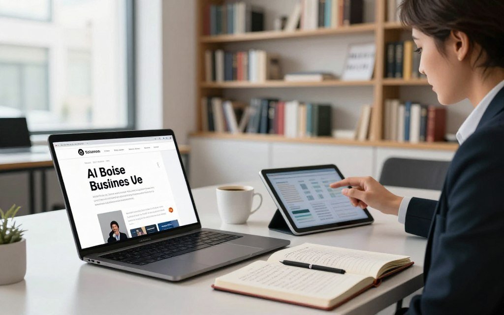 A modern office setting with a sleek desk in the foreground, featuring a laptop displaying a website for AI book recommendations. On the desk, there's an open notebook filled with handwritten notes and a cup of coffee. In the middle ground, a professional-looking person in business attire is engaging with digital devices, analyzing data on a tablet. The background shows a wall filled with bookshelves, showcasing a variety of books along with inspirational quotes about business growth. Soft, natural lighting filters through a large window, creating a bright and optimistic atmosphere. The composition is shot from a slight angle, focusing on the interplay of technology and literature, conveying a sense of ambition and opportunity in the world of online business.