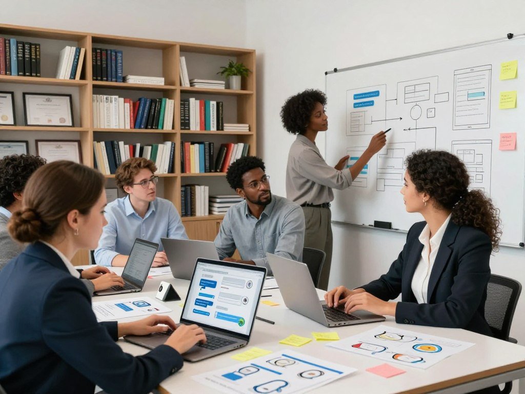 A modern office space depicting a project management scene focused on AI chatbots. In the foreground, a professional woman in business attire is reviewing chatbot designs on a laptop, surrounded by colorful sticky notes and diagrams spread across the table. In the middle, a diverse team of professionals of various ethnicities collaborates over digital devices, discussing insights on a large whiteboard filled with strategy outlines. The background features a neatly organized bookshelf filled with tech and business books, along with framed certificates on the wall. Soft, natural lighting illuminates the room, creating a bright and inspiring atmosphere, captured with a slight wide-angle perspective to emphasize teamwork and innovation. A modern office space depicting a project management scene focused on AI chatbots. In the foreground, a professional woman in business attire is reviewing chatbot designs on a laptop, surrounded by colorful sticky notes and diagrams spread across the table. In the middle, a diverse team of professionals of various ethnicities collaborates over digital devices, discussing insights on a large whiteboard filled with strategy outlines. The background features a neatly organized bookshelf filled with tech and business books, along with framed certificates on the wall. Soft, natural lighting illuminates the room, creating a bright and inspiring atmosphere, captured with a slight wide-angle perspective to emphasize teamwork and innovation.