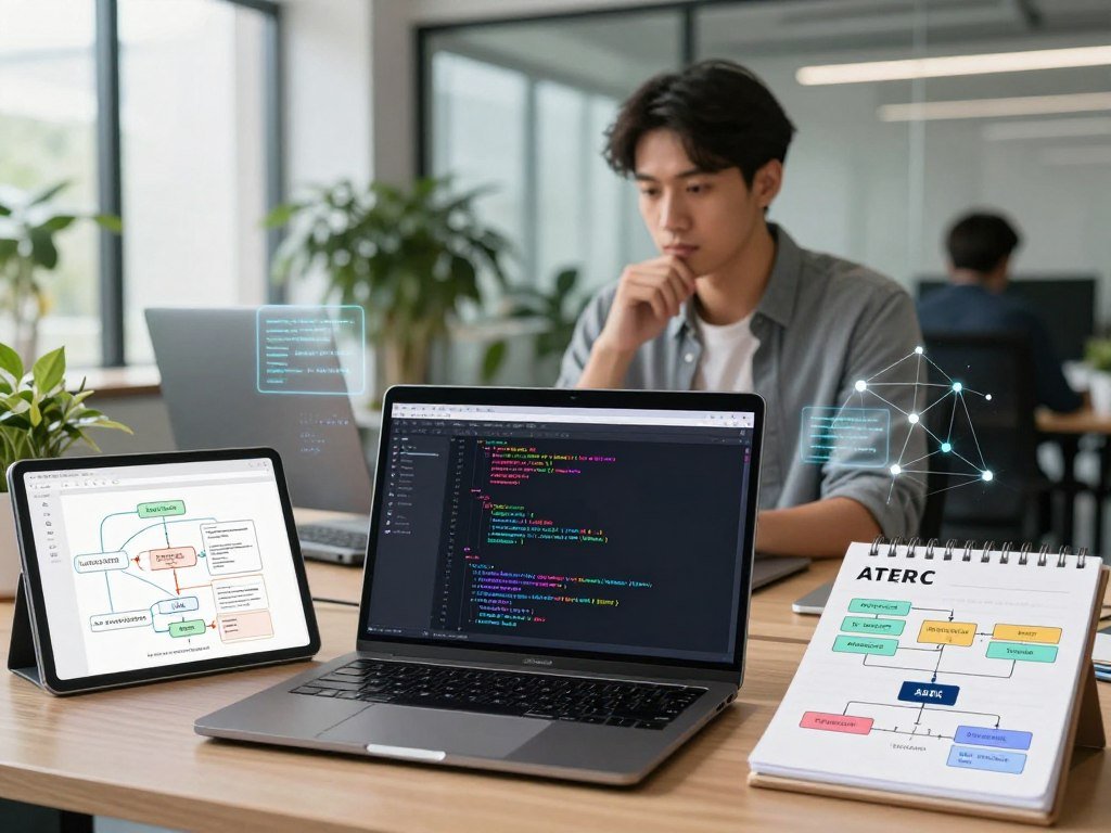 A modern office workspace depicting AI coding tools in action. In the foreground, a sleek laptop displays a code editor filled with colorful syntax highlighting. Flanking the laptop are digital notepads showing workflow diagrams and AI integration frameworks. In the middle ground, a professional developer, dressed in smart casual attire, is focused on the screen, with a thoughtful expression. Surrounding them are subtle hints of AI elements such as floating code snippets and neural networks gracefully overlaying the environment. The background features a bright, airy office filled with plants and glass walls, allowing natural light to flood in. The overall mood is innovative and inspiring, emphasizing collaboration and productivity in a tech-driven atmosphere. Shot from a slight angle to capture depth, with soft, diffused lighting highlighting the workspace.