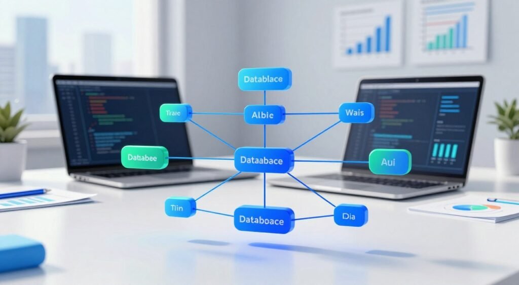 A modern, sleek AI-generated database schema displayed prominently in the foreground, featuring interconnected nodes and lines symbolizing data relationships. The structure should be visually striking, with bright blue and green color accents to represent technology and innovation. In the middle ground, incorporate a minimalist workspace with a laptop showing code on the screen, surrounded by design elements such as charts and graphs. The background should have a soft-focus cityscape, suggesting a tech-forward environment. The lighting is bright and focused on the schema, casting subtle shadows. The overall mood is futuristic and professional, evoking a sense of efficiency and advanced technology in database design. A modern, sleek AI-generated database schema displayed prominently in the foreground, featuring interconnected nodes and lines symbolizing data relationships. The structure should be visually striking, with bright blue and green color accents to represent technology and innovation. In the middle ground, incorporate a minimalist workspace with a laptop showing code on the screen, surrounded by design elements such as charts and graphs. The background should have a soft-focus cityscape, suggesting a tech-forward environment. The lighting is bright and focused on the schema, casting subtle shadows. The overall mood is futuristic and professional, evoking a sense of efficiency and advanced technology in database design.