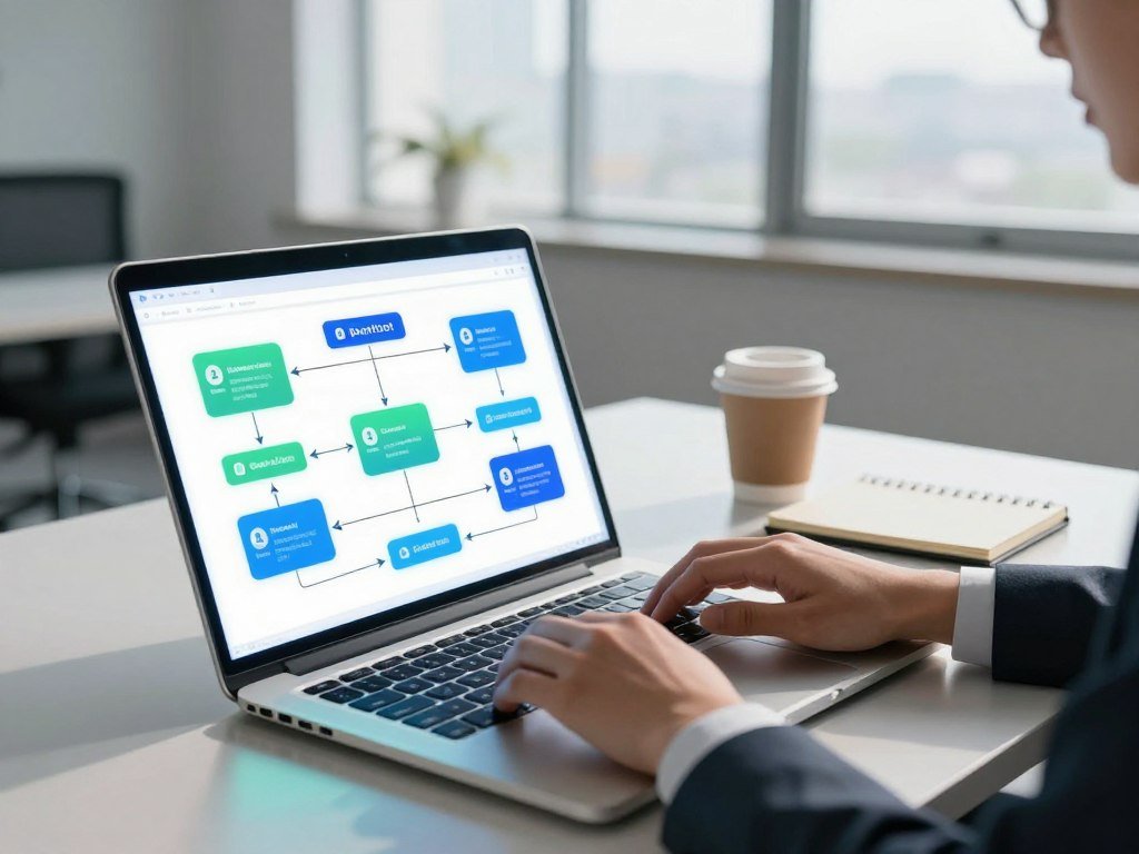 A modern, sleek digital workspace featuring a flowchart diagram illustrating a chatbot conversational flow. In the foreground, a glowing laptop displays the flowchart with arrows and nodes indicating user interactions, while a pair of hands in professional business attire are typing on the keyboard. In the middle ground, a notepad and coffee cup reflect a productive atmosphere. The background showcases a minimalist office with large windows allowing natural light to illuminate the space, casting soft shadows. The color palette should be calm and inspiring, using blues and greens to evoke a sense of innovation and professionalism. The overall mood conveys clarity and focus in the creation of an AI-driven chatbot for local businesses. A modern, sleek digital workspace featuring a flowchart diagram illustrating a chatbot conversational flow. In the foreground, a glowing laptop displays the flowchart with arrows and nodes indicating user interactions, while a pair of hands in professional business attire are typing on the keyboard. In the middle ground, a notepad and coffee cup reflect a productive atmosphere. The background showcases a minimalist office with large windows allowing natural light to illuminate the space, casting soft shadows. The color palette should be calm and inspiring, using blues and greens to evoke a sense of innovation and professionalism. The overall mood conveys clarity and focus in the creation of an AI-driven chatbot for local businesses.