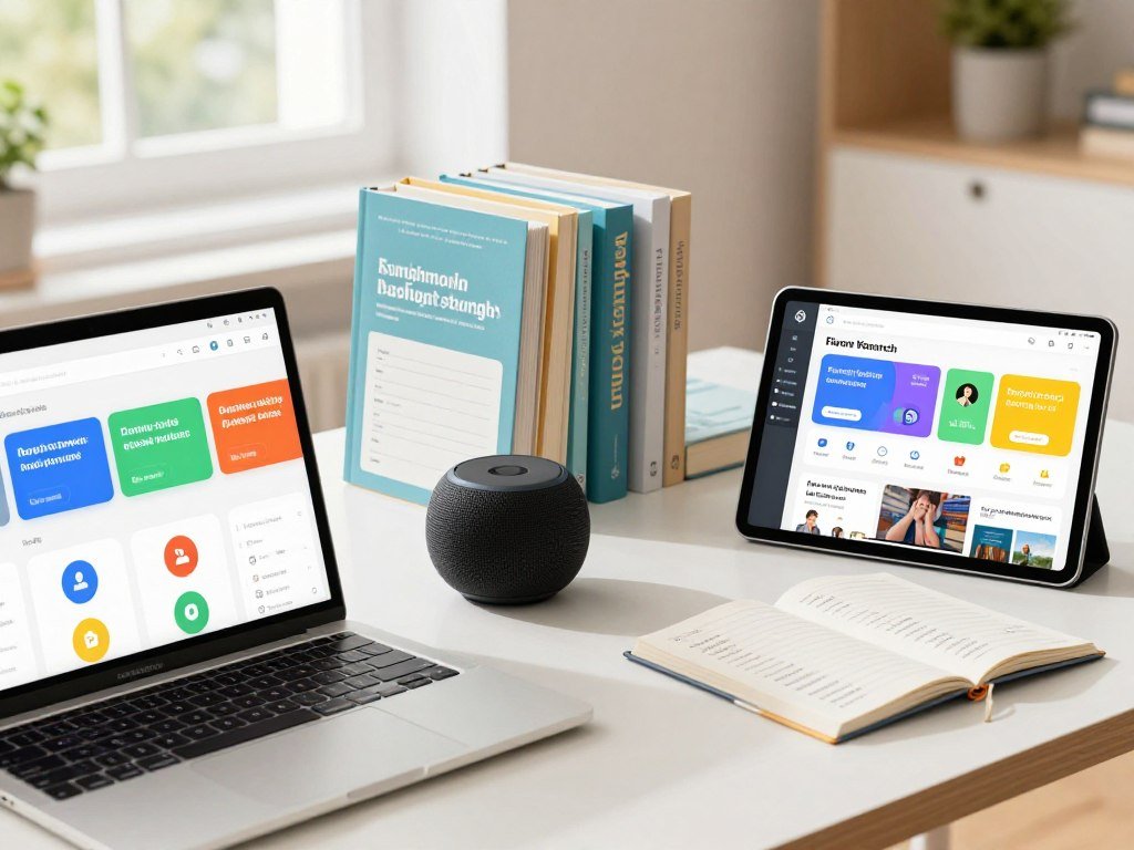 A modern, well-organized workspace showcasing various AI tools for language instruction. In the foreground, a laptop screen displays a dynamic language learning application interface, featuring colorful interactive elements. On the desk, a smart speaker and a tablet with a language-learning app open, both giving a sense of advanced technology. In the middle, a series of books and learning materials related to language teaching neatly arranged, portraying a blend of traditional and digital resources. The background features a bright, inviting room with soft natural light streaming through a window, creating a warm atmosphere. The lens captures the scene at a slight angle, emphasizing the tools’ functionality and professionalism. The mood conveys enthusiasm and innovation in language education.