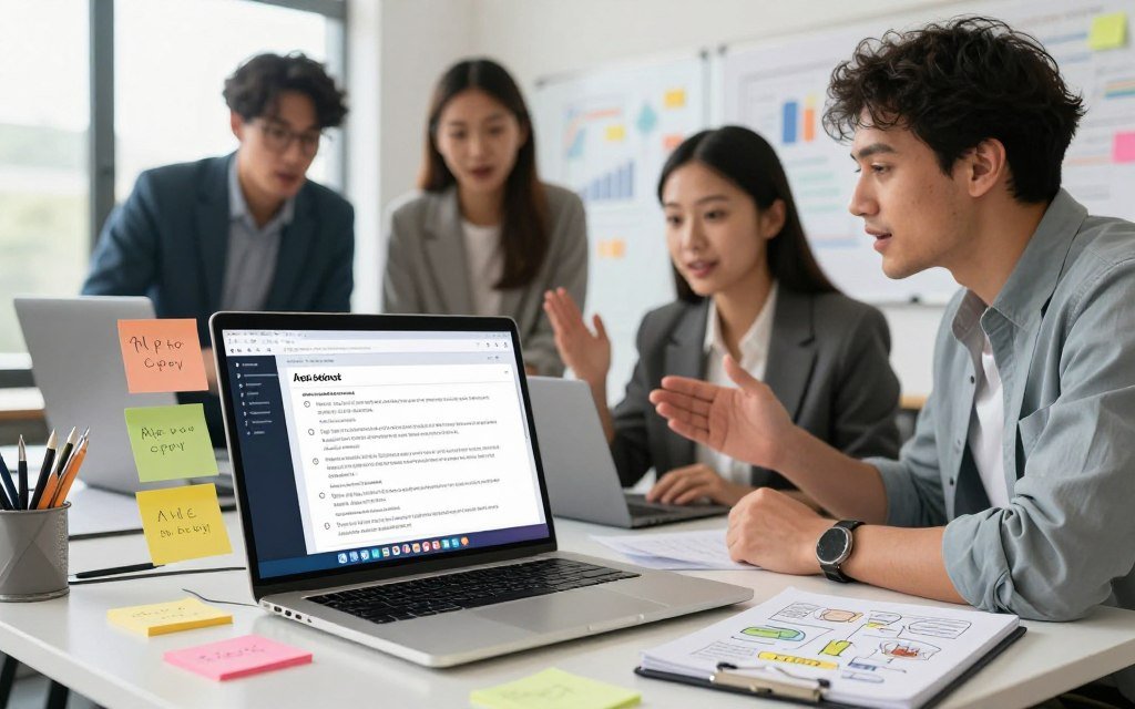 A modern workspace featuring a digital ad copywriting workflow powered by AI. In the foreground, a sleek laptop displays an intelligent interface with ad text suggestions, surrounded by colorful sticky notes and a notepad with brainstorming ideas. The middle ground features a diverse team of three professionalsβtwo in formal business attire and one in smart casualβcollaborating, gesturing towards the screen with expressions of excitement and concentration. The background shows a whiteboard filled with marketing strategies and graphs, along with large windows allowing natural light to illuminate the scene. A motivating atmosphere infused with creativity and innovation permeates the image, encapsulating the essence of integrating AI into Facebook ad writing. The view captures a slight angle, emphasizing teamwork and technology without distractions. A modern workspace featuring a digital ad copywriting workflow powered by AI. In the foreground, a sleek laptop displays an intelligent interface with ad text suggestions, surrounded by colorful sticky notes and a notepad with brainstorming ideas. The middle ground features a diverse team of three professionalsβtwo in formal business attire and one in smart casualβcollaborating, gesturing towards the screen with expressions of excitement and concentration. The background shows a whiteboard filled with marketing strategies and graphs, along with large windows allowing natural light to illuminate the scene. A motivating atmosphere infused with creativity and innovation permeates the image, encapsulating the essence of integrating AI into Facebook ad writing. The view captures a slight angle, emphasizing teamwork and technology without distractions.