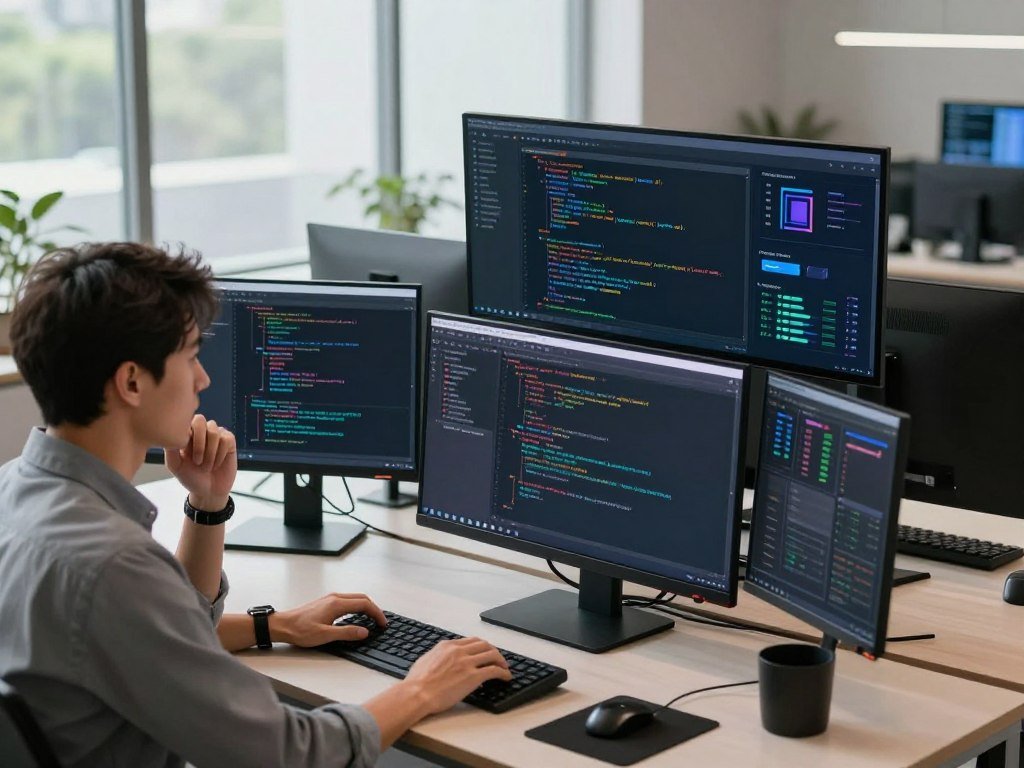 A modern workspace featuring a sleek computer setup with multiple screens displaying lines of code and design interfaces, symbolizing AI coding tools at work. In the foreground, a professional in business attire, focused on coding, with a thoughtful expression. The middle ground includes a high-tech, interactive dashboard showcasing AI-driven applications, algorithms, and visualizations. The background features bright, ambient lighting from large windows, creating a motivational atmosphere with hints of greenery outside. Capture the scene from a slightly elevated angle to emphasize the dynamic, productive environment, evoking a sense of innovation and collaboration. The overall mood should inspire creativity and advancement in frontend coding, reflecting a successful and engaging tech atmosphere.