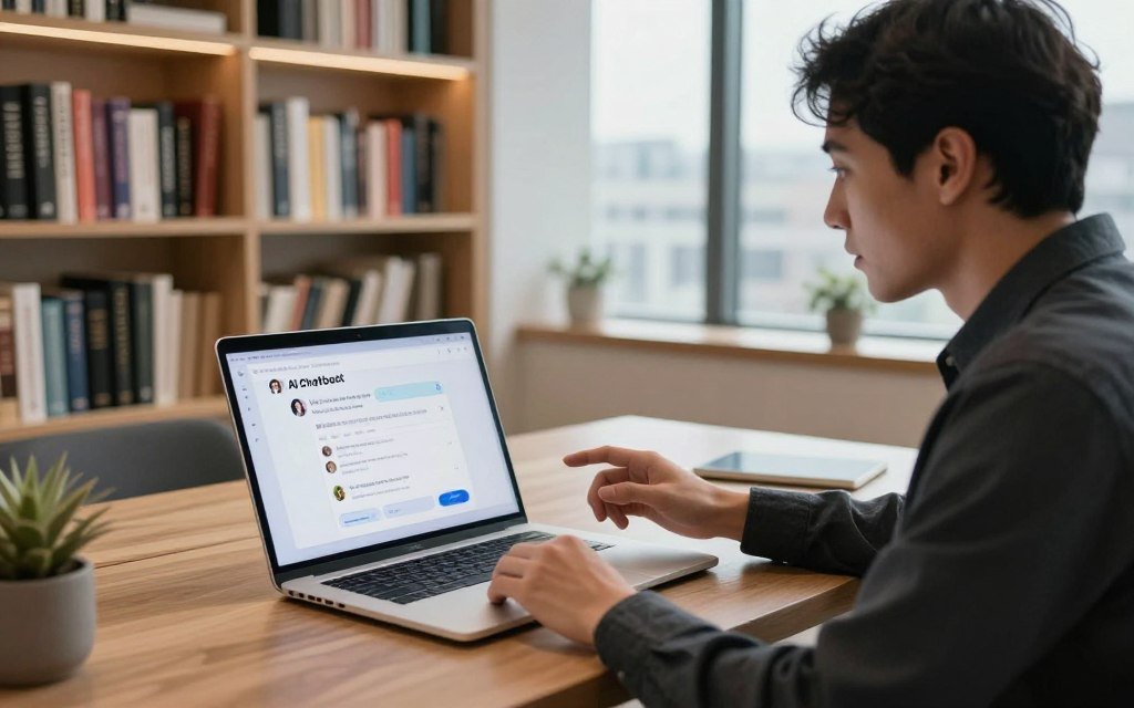 A modern workspace featuring a sleek laptop displaying an AI chatbot interface for book recommendations. In the foreground, a professional individual, dressed in smart casual attire, engages with the chatbot, appearing focused and enthusiastic. The middle section showcases a stylish bookshelf filled with a variety of genres, highlighting the vast array of books available. In the background, soft ambient lighting creates a warm, inviting atmosphere, while a large window reveals a cityscape, symbolizing opportunities for digital freelancing. The angle is slightly elevated, capturing both the individual and the vibrant workspace, enhancing the feeling of productivity and creativity in building a passive income stream.