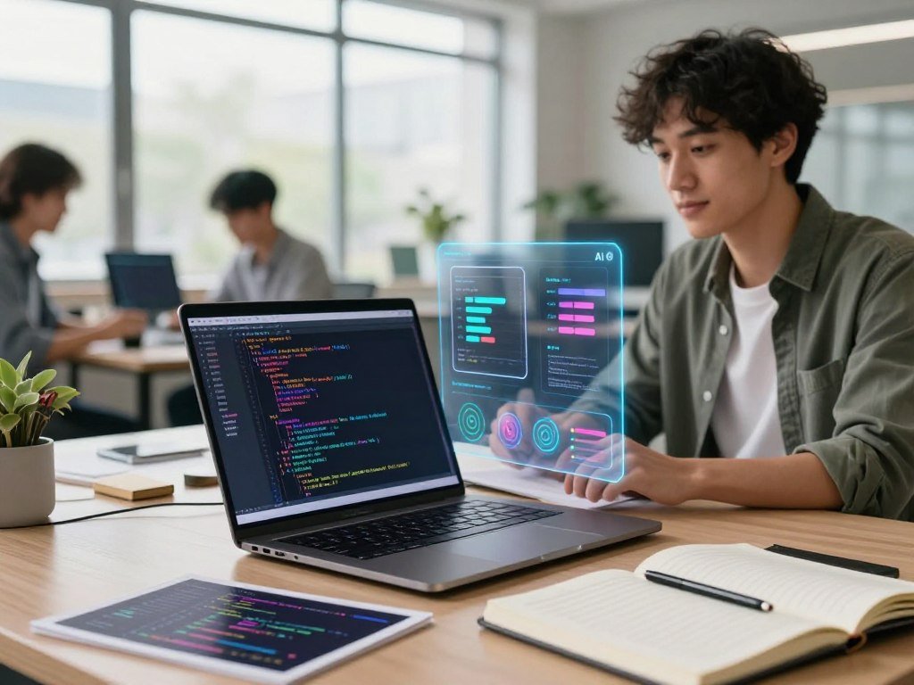 A modern workspace showcasing advanced AI-powered coding tools for frontend development. In the foreground, a sleek laptop displays colorful code on its screen, surrounded by open notebooks and stylish coding design mock-ups. In the middle, an AI interface hovers in augmented reality, projecting dynamic graphs and workflow options above the laptop. In the background, a bright, tech-inspired office setting with large windows allows natural light to illuminate the scene. A programmer, dressed in smart casual attire, is intently focusing on the screen, embodying concentration and innovation. The atmosphere is vibrant and inspiring, with a sense of collaboration and technological advancement. The overall mood is energetic and optimistic, highlighting the transformative power of AI in coding.