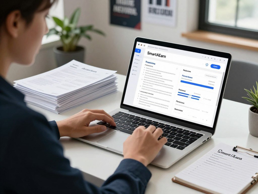A professional and modern workspace featuring a sleek laptop open to an AI resume review tool interface, with clear graphs and analysis displayed on the screen. In the foreground, a business professional in smart attire, focused and engaged, is reviewing resumes on the laptop. The middle ground includes stacks of neatly arranged resumes and a notepad with notes about the side hustle. The background shows a well-organized office with motivational posters and a plant for a touch of greenery. Soft natural lighting streams through a window, creating a productive and inspiring atmosphere. The brand name "SmartAIEarn" is subtly integrated into the scene, enhancing the theme of leveraging AI for income generation.