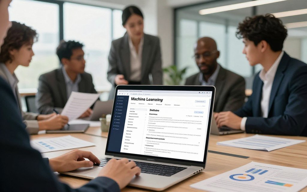 A professional setting showcasing a machine learning resume builder in action. In the foreground, a sleek laptop displays a visually appealing, structured resume template tailored for AI and machine learning job applications. The middle ground features a diverse group of professionals in business attire, collaborating and discussing strategies, surrounded by project-related documents and charts that represent marketing insights. In the background, a modern office environment, with large windows allowing natural light to flood the space, creating a bright and inspiring atmosphere. Emphasize a sense of innovation and teamwork, with warm lighting and a slightly blurred depth of field to focus attention on the laptop and the engaged individuals. The overall mood is dynamic and forward-thinking, reflecting the excitement of leveraging AI for career advancement.