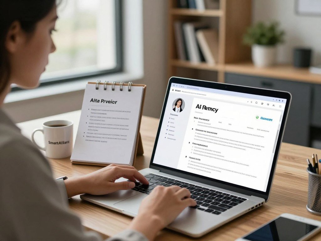 A professional workspace setting focused on AI resume review, featuring a well-dressed businesswoman analyzing a digital resume on her laptop. In the foreground, a sleek laptop with a glowing screen displaying a sample resume subtly emphasizing data privacy considerations. In the middle ground, a notepad with bullet points highlighting common pitfalls in AI resume reviews, positioned beside a coffee mug with the logo "SmartAIEarn" on it. The background shows a modern office with blurred shelves full of books and a potted plant, evoking a sense of professionalism. Soft, natural light filters through a large window, creating a warm, inviting atmosphere that promotes focus and clarity. The angle is slightly above eye level, giving a comprehensive view of the scene without distractions.