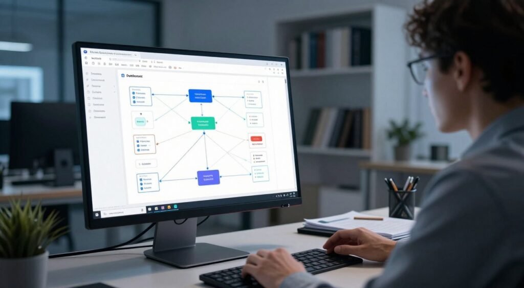 A sleek and modern database design interface displayed on a high-resolution computer monitor in an office setting. In the foreground, a well-organized, colorful visual representation of interconnected database tables and schemas, with clear relationships and data flows. The middle ground features a professional-looking individual dressed in business attire, intently analyzing the design on the screen, surrounded by notes and digital devices. The background includes a dimly lit, contemporary workspace with soft, ambient lighting and shelves lined with programming books. The atmosphere exudes focus and innovation, capturing the efficiency and clarity of AI-driven database schema generation, as if the scene is lit by cool blue and white tones, enhancing the technological theme. A sleek and modern database design interface displayed on a high-resolution computer monitor in an office setting. In the foreground, a well-organized, colorful visual representation of interconnected database tables and schemas, with clear relationships and data flows. The middle ground features a professional-looking individual dressed in business attire, intently analyzing the design on the screen, surrounded by notes and digital devices. The background includes a dimly lit, contemporary workspace with soft, ambient lighting and shelves lined with programming books. The atmosphere exudes focus and innovation, capturing the efficiency and clarity of AI-driven database schema generation, as if the scene is lit by cool blue and white tones, enhancing the technological theme.