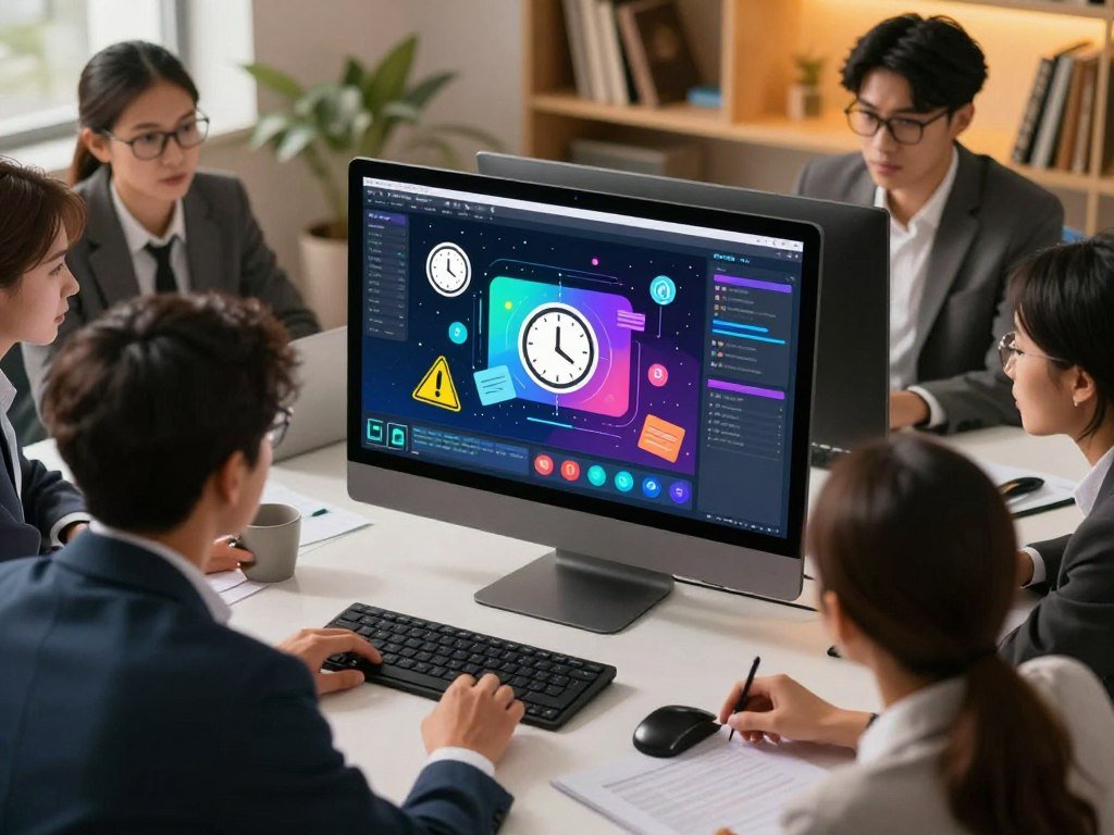 A sleek, modern workstation featuring a high-tech computer displaying a vibrant interface of an instant explainer video generator. In the foreground, a diverse group of professionals in business attire, focused and engaged, are collaborating around the desk, discussing ideas. The middle layer showcases animated visuals and colorful graphics emanating from the screen, symbolizing the creation of engaging animations, with icons representing common pitfalls like clock, caution signs, and notes scattered around them. The background includes shelves lined with books on video production and AI, with warm, inviting lighting to create an atmosphere of innovation and teamwork. Capture the scene with a slight top-down angle to emphasize collaboration and creativity in video production. A sleek, modern workstation featuring a high-tech computer displaying a vibrant interface of an instant explainer video generator. In the foreground, a diverse group of professionals in business attire, focused and engaged, are collaborating around the desk, discussing ideas. The middle layer showcases animated visuals and colorful graphics emanating from the screen, symbolizing the creation of engaging animations, with icons representing common pitfalls like clock, caution signs, and notes scattered around them. The background includes shelves lined with books on video production and AI, with warm, inviting lighting to create an atmosphere of innovation and teamwork. Capture the scene with a slight top-down angle to emphasize collaboration and creativity in video production.
