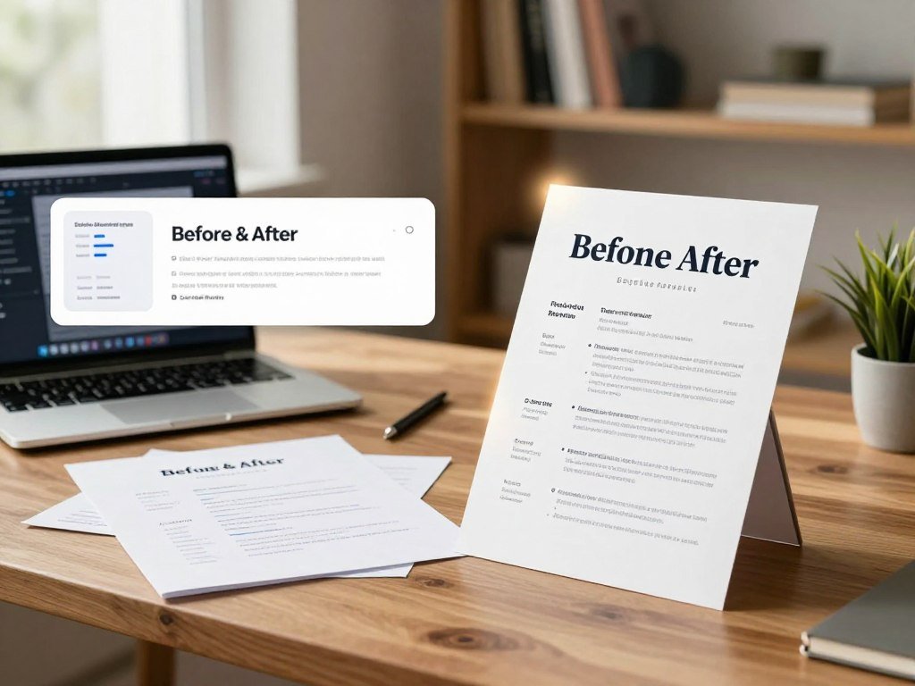 A split-image design showing a "Before and After" concept of an AI resume review. On the left, depict a cluttered and unprofessional resume with poor formatting and unclear content, set on a wooden desk with a laptop displaying resume-editing software. On the right, showcase a polished and visually appealing resume, enhanced by an AI, featuring elegant fonts and clear sections, alongside a bright, well-organized workspace. Include a subtle glow around the improved resume to emphasize transformation. The background should have soft focus elements, like bookshelves and a potted plant, enhancing a professional atmosphere. Warm, natural lighting illuminating from a nearby window, with a shallow depth of field to draw attention to the resumes. Branding element: include "SmartAIEarn" subtly on the laptop screen.