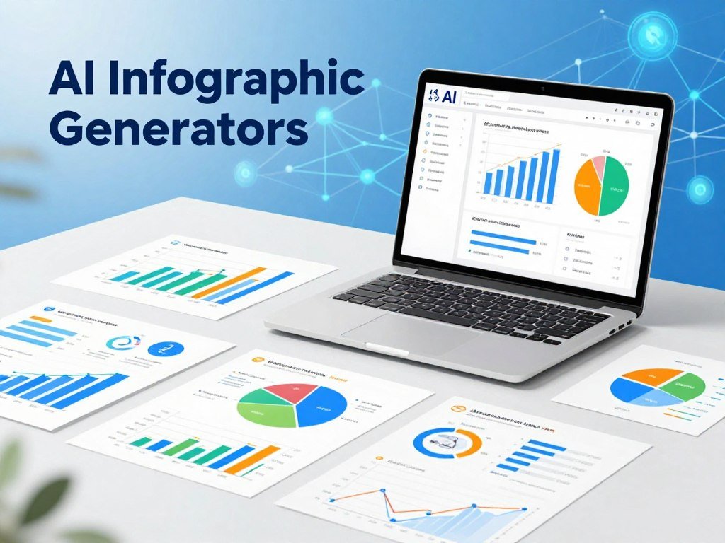 A vibrant and engaging infographic composition illustrating "AI Infographic Generators." In the foreground, place various creative infographic elements like charts, icons, and diagrams, showcasing colors like blue, green, and orange. In the middle ground, have a sleek laptop displaying an AI tool interface, with visually appealing infographics generated on-screen. In the background, an abstract representation of technological networks and data streams that signify AI analytics. The lighting should be bright and modern, creating an optimistic and innovative atmosphere. Use a wide-angle lens to capture the full breadth of this digital workspace, emphasizing a clean and professional design, suitable for a marketing context. This image should convey an inspiring and dynamic feel, reflecting the integration of AI in creating effective marketing visuals. A vibrant and engaging infographic composition illustrating "AI Infographic Generators." In the foreground, place various creative infographic elements like charts, icons, and diagrams, showcasing colors like blue, green, and orange. In the middle ground, have a sleek laptop displaying an AI tool interface, with visually appealing infographics generated on-screen. In the background, an abstract representation of technological networks and data streams that signify AI analytics. The lighting should be bright and modern, creating an optimistic and innovative atmosphere. Use a wide-angle lens to capture the full breadth of this digital workspace, emphasizing a clean and professional design, suitable for a marketing context. This image should convey an inspiring and dynamic feel, reflecting the integration of AI in creating effective marketing visuals.