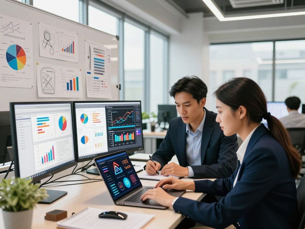 A vibrant and engaging workspace filled with marketing visuals being created rapidly. In the foreground, a diverse group of two business professionals, one male and one female, are collaborating over a sleek laptop displaying colorful AI-generated infographics. Both are dressed in smart business attire, showcasing a focused yet creative atmosphere. The middle ground features a modern workspace with a large whiteboard full of sketches and ideas, along with floating digital screens displaying various marketing visuals such as pie charts, graphs, and user analytics. In the background, a bright and airy office space with large windows allows natural light to flood in, creating a warm and innovative mood. The composition should convey a sense of collaboration, speed, and the dynamic nature of marketing with artificial intelligence at its core. A vibrant and engaging workspace filled with marketing visuals being created rapidly. In the foreground, a diverse group of two business professionals, one male and one female, are collaborating over a sleek laptop displaying colorful AI-generated infographics. Both are dressed in smart business attire, showcasing a focused yet creative atmosphere. The middle ground features a modern workspace with a large whiteboard full of sketches and ideas, along with floating digital screens displaying various marketing visuals such as pie charts, graphs, and user analytics. In the background, a bright and airy office space with large windows allows natural light to flood in, creating a warm and innovative mood. The composition should convey a sense of collaboration, speed, and the dynamic nature of marketing with artificial intelligence at its core.