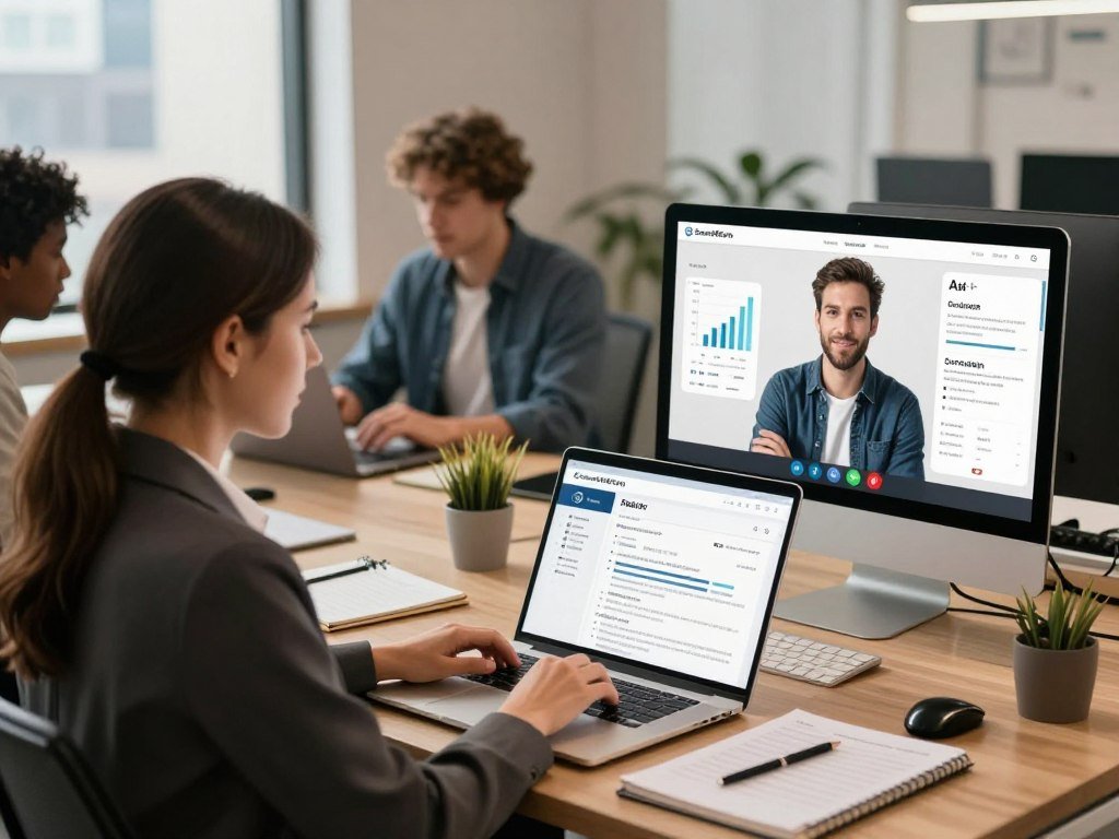 A vibrant depiction of the freelance job market in the United States, showcasing a diverse group of professionals engaged in various activities. In the foreground, a confident woman in business attire is reviewing her AI-generated resume on a laptop, with a notepad filled with notes beside her. In the middle ground, a man in smart casual clothing is participating in a virtual meeting, with a backdrop displaying graphs and statistics related to freelance opportunities. The background features an office-like environment with modern decor and a window revealing a cityscape. Soft, warm lighting fills the scene, creating an inviting atmosphere that reflects optimism and professionalism. The brand name "SmartAIEarn" is subtly integrated into the workspace accessories, emphasizing the AI-driven aspect of resume building.