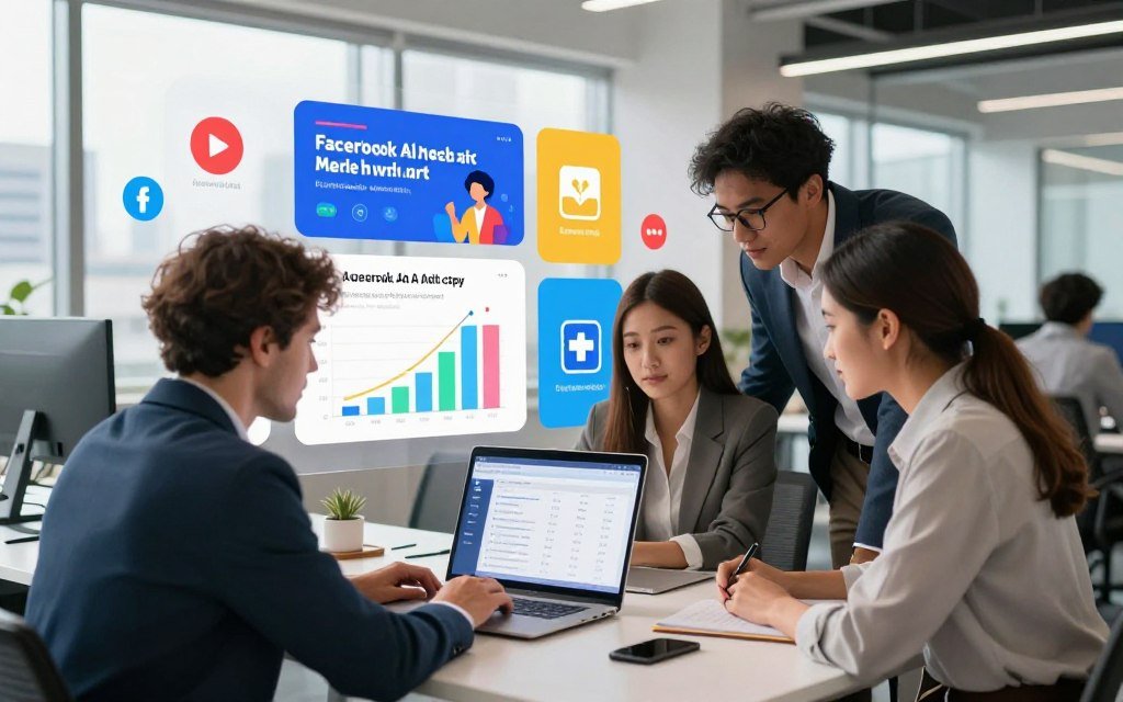 A vibrant digital workspace filled with elements of online advertising. In the foreground, a diverse group of three professionals, two men and one woman, all dressed in smart business attire, are gathered around a sleek laptop, analyzing Facebook ad metrics displayed on the screen. The middle ground features colorful graphs and advertisements showcasing AI-generated ad copy, with icons of social media platforms subtly integrated into the design. In the background, a modern office setting with large windows letting in natural light and a cityscape view, enhancing the atmosphere of innovation and growth. Soft shadows and clear lines define the composition, providing a dynamic yet professional look, inviting a sense of motivation and success in digital marketing strategies. A vibrant digital workspace filled with elements of online advertising. In the foreground, a diverse group of three professionals, two men and one woman, all dressed in smart business attire, are gathered around a sleek laptop, analyzing Facebook ad metrics displayed on the screen. The middle ground features colorful graphs and advertisements showcasing AI-generated ad copy, with icons of social media platforms subtly integrated into the design. In the background, a modern office setting with large windows letting in natural light and a cityscape view, enhancing the atmosphere of innovation and growth. Soft shadows and clear lines define the composition, providing a dynamic yet professional look, inviting a sense of motivation and success in digital marketing strategies.