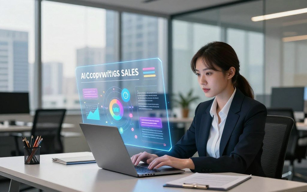A vibrant digital workspace scene showcasing AI ad copywriting benefits. In the foreground, a professional woman in business attire sits at a sleek desk, typing on a laptop, with expressions of concentration and creativity. In the middle, a holographic display emerges, illustrating key benefits like increased sales, audience engagement, and data-driven insights, represented by colorful graphs and icons. The background features a modern office with glass walls, a city skyline view, and warm, natural lighting creating an inviting and innovative atmosphere. The composition emphasizes productivity and technological advancement, with a slight depth of field for a polished and professional look. A vibrant digital workspace scene showcasing AI ad copywriting benefits. In the foreground, a professional woman in business attire sits at a sleek desk, typing on a laptop, with expressions of concentration and creativity. In the middle, a holographic display emerges, illustrating key benefits like increased sales, audience engagement, and data-driven insights, represented by colorful graphs and icons. The background features a modern office with glass walls, a city skyline view, and warm, natural lighting creating an inviting and innovative atmosphere. The composition emphasizes productivity and technological advancement, with a slight depth of field for a polished and professional look.