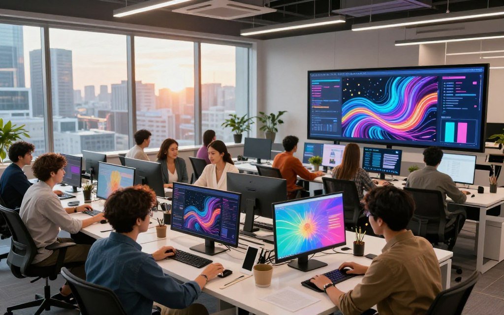 A vibrant workspace depicting the integration of generative AI in creative industries. In the foreground, a diverse group of professionals in smart casual attire collaborates over digital devices, showcasing colorful designs on screens. The middle ground features large displays with flowing AI-generated art and innovative digital interfaces, illustrating the fusion of technology and creativity. In the background, a sleek, modern office space with large windows reveals a cityscape, bathed in warm, natural light, enhancing a sense of inspiration. Use a wide-angle lens to capture the dynamic atmosphere, emphasizing teamwork and the excitement of technological advancement. The overall mood should feel optimistic and futuristic, reflecting the potential of AI in shaping creative processes.