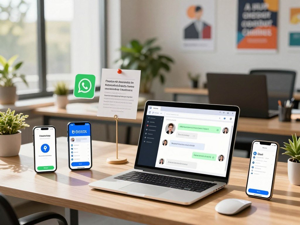 A vibrant workspace showcasing various AI chatbot messaging channels. In the foreground, a sleek laptop displays a user-friendly interface of a chatbot, surrounded by smartphone screens illustrating popular messaging apps like WhatsApp, Facebook Messenger, and Slack. The middle layer features a modern desk with notes and digital marketing materials, highlighting essential tools for managing chatbots. The background includes a bright office environment with plants and motivational posters, creating an energizing atmosphere. Soft natural light filters through large windows, casting warm tones and shadows. The overall mood conveys professionalism and innovation, emphasizing the modern tools required for a successful AI chatbot side hustle. A vibrant workspace showcasing various AI chatbot messaging channels. In the foreground, a sleek laptop displays a user-friendly interface of a chatbot, surrounded by smartphone screens illustrating popular messaging apps like WhatsApp, Facebook Messenger, and Slack. The middle layer features a modern desk with notes and digital marketing materials, highlighting essential tools for managing chatbots. The background includes a bright office environment with plants and motivational posters, creating an energizing atmosphere. Soft natural light filters through large windows, casting warm tones and shadows. The overall mood conveys professionalism and innovation, emphasizing the modern tools required for a successful AI chatbot side hustle.