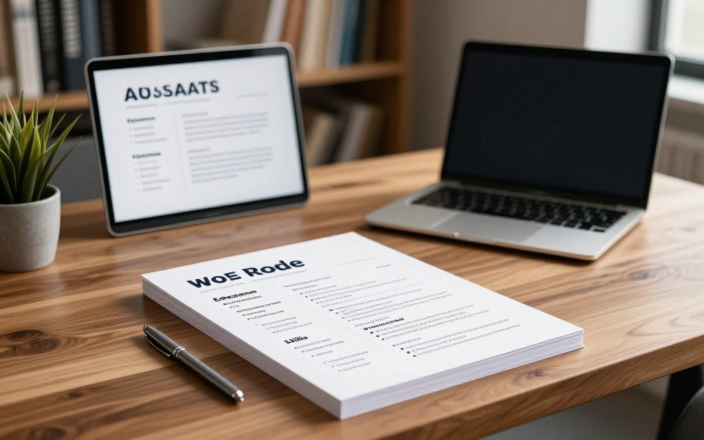 An ATS-optimized resume template displayed prominently on a sleek, modern wooden desk. The foreground features the resume itself, designed with clear headings, bullet points, and a professional font, showcasing sections like 'Experience,' 'Education,' and 'Skills.' The middle ground includes a laptop open next to the resume, with a soft light illuminating the scene, creating a focused work atmosphere. The background features a bookshelf filled with business-related books and a potted plant, enhancing the professional environment. The lighting is warm and inviting, suggesting productivity and motivation. The overall mood is inspiring and conducive to career growth, emphasizing the importance of a well-structured resume for job seekers.