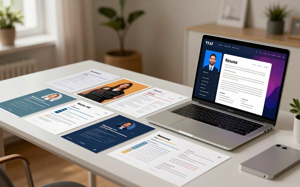 An elegant workspace scene showcasing various artificial intelligence resume templates spread out on a sleek, modern desk. In the foreground, a laptop displays a sophisticated AI-powered resume building software, with vibrant visuals of professional templates. The middle layer features a collection of printed resumes with different color schemes and layouts, like minimalist designs, professional formats, and creative styles. In the background, a softly lit room with subtle greenery and motivational decor conveys a productive atmosphere. The lighting is warm and inviting, creating a sense of comfort and focus. The image should portray a professional tone, emphasizing a blend of technology and career growth in a home office setting, ideal for entrepreneurs looking to scale their business and earn money from home consistently.