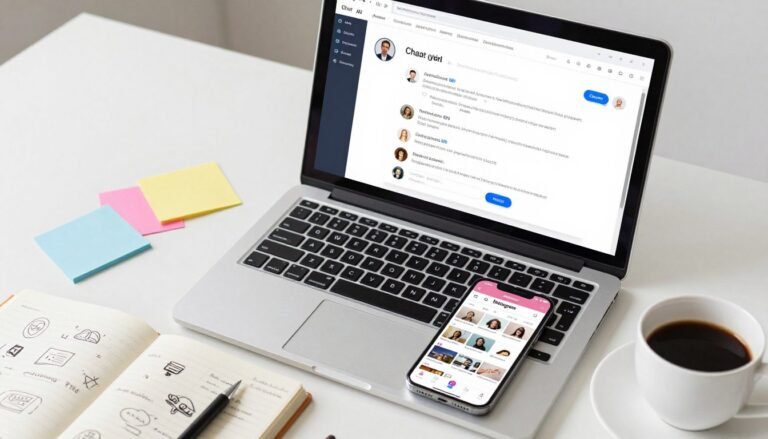 Best AI Prompts for Social Media Content Creation workspace with laptop, phone, and creative tools