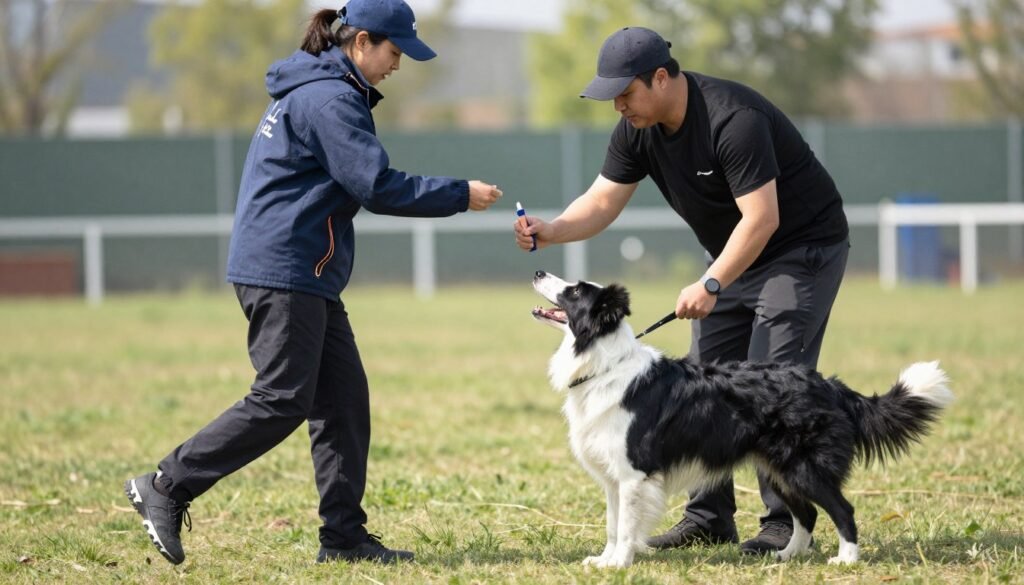 Dog trainer working with pet using positive reinforcement training methods