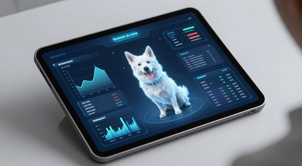 Futuristic AI technology interface analyzing pet health data with holographic displays