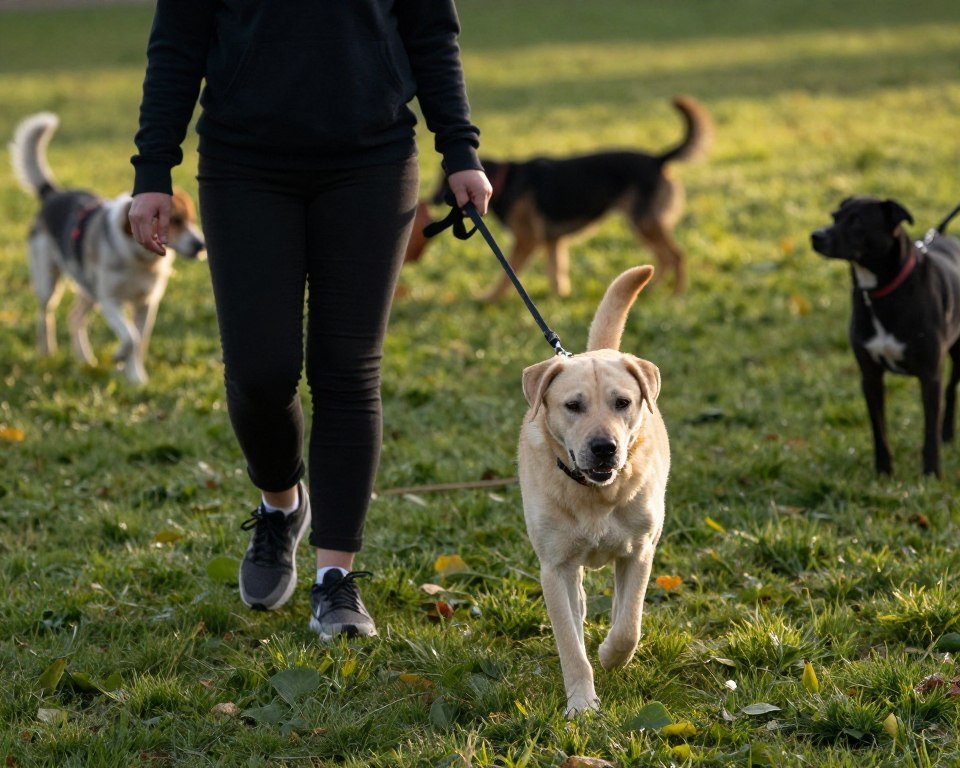 Happy dog walking calmly on leash beside owner in park with other dogs visible