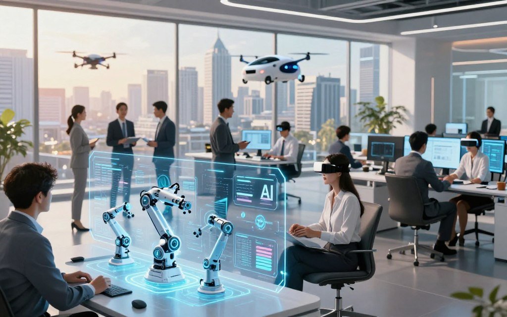 In a futuristic office environment, a diverse group of professionals in business attire collaborates around an advanced digital interface displaying real-time AI analytics and automation processes. The foreground features a holographic projection of robotic automation systems seamlessly integrating into daily tasks. In the middle ground, team members engage with virtual reality headsets, discussing AI advancements, while sleek, modern furniture accentuates the space. The background showcases a panoramic view of a high-tech city skyline with drones and autonomous vehicles in motion, under a bright, optimistic sky illuminated by warm, ambient lighting. The overall mood is empowering and forward-looking, capturing the excitement and possibilities of AI automation in the workplace.