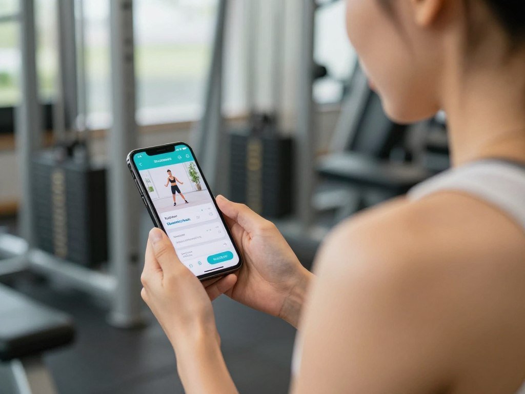 Person using smartphone with AI fitness app at gym