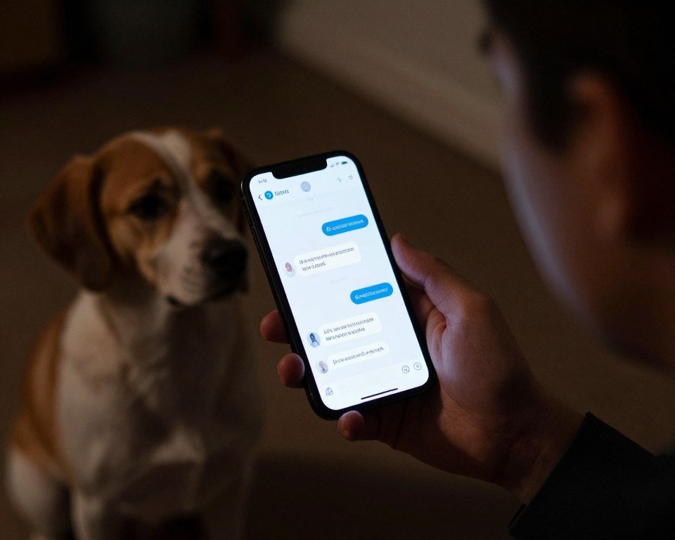Pet owner checking AI recommendations on smartphone at night with concerned pet