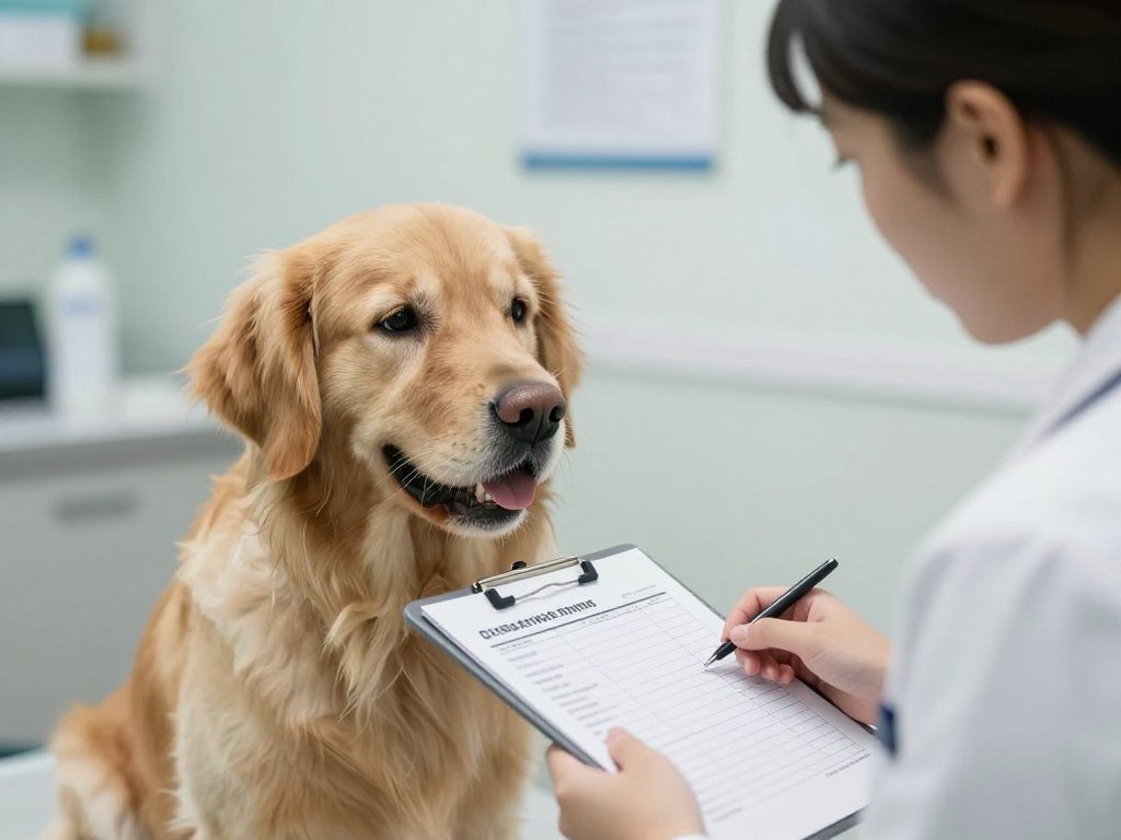 Pet owner checking vital signs on dog with health monitoring checklist