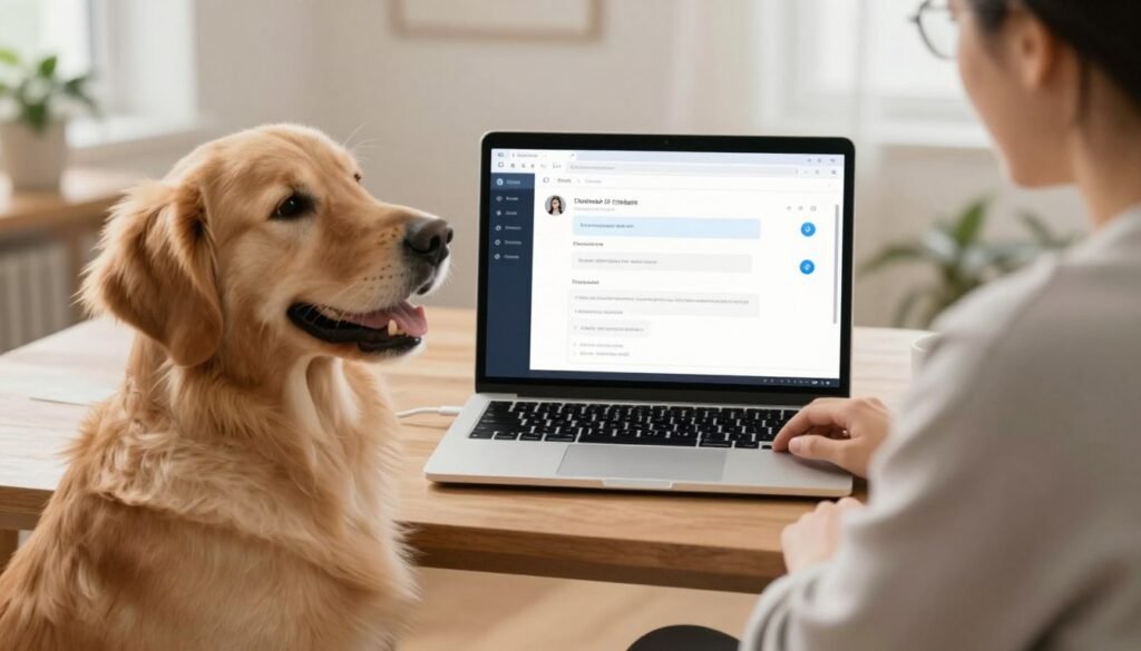 Pet owner using AI tools on laptop with dog sitting beside them