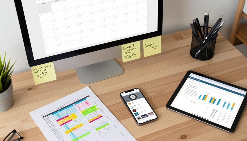 Social media content calendar planning workspace