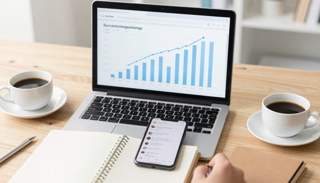 Social media success celebration with analytics showing growth