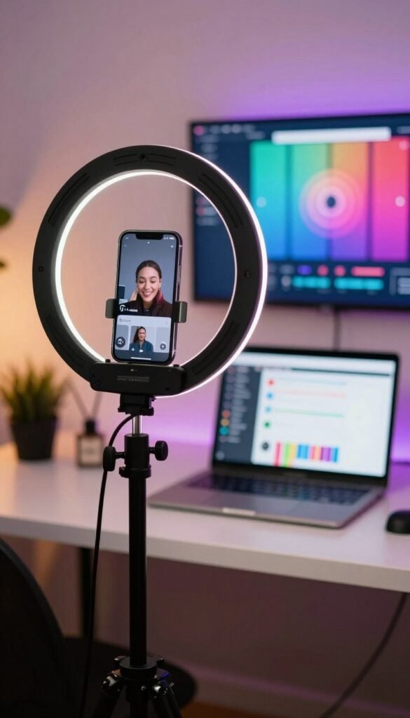 TikTok video recording setup with smartphone and lighting