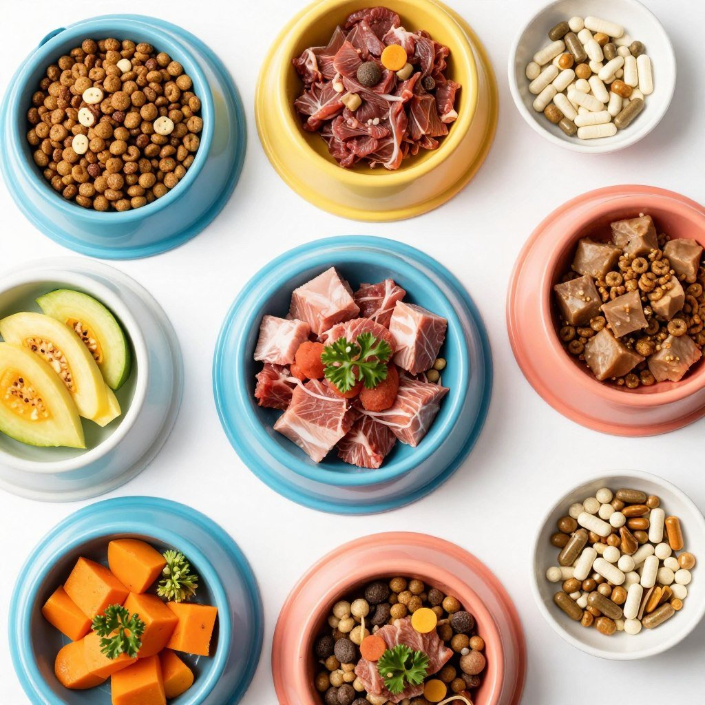 Variety of pet food bowls with different ingredients for balanced nutrition