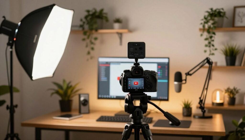 YouTube content creation studio with camera and recording equipment