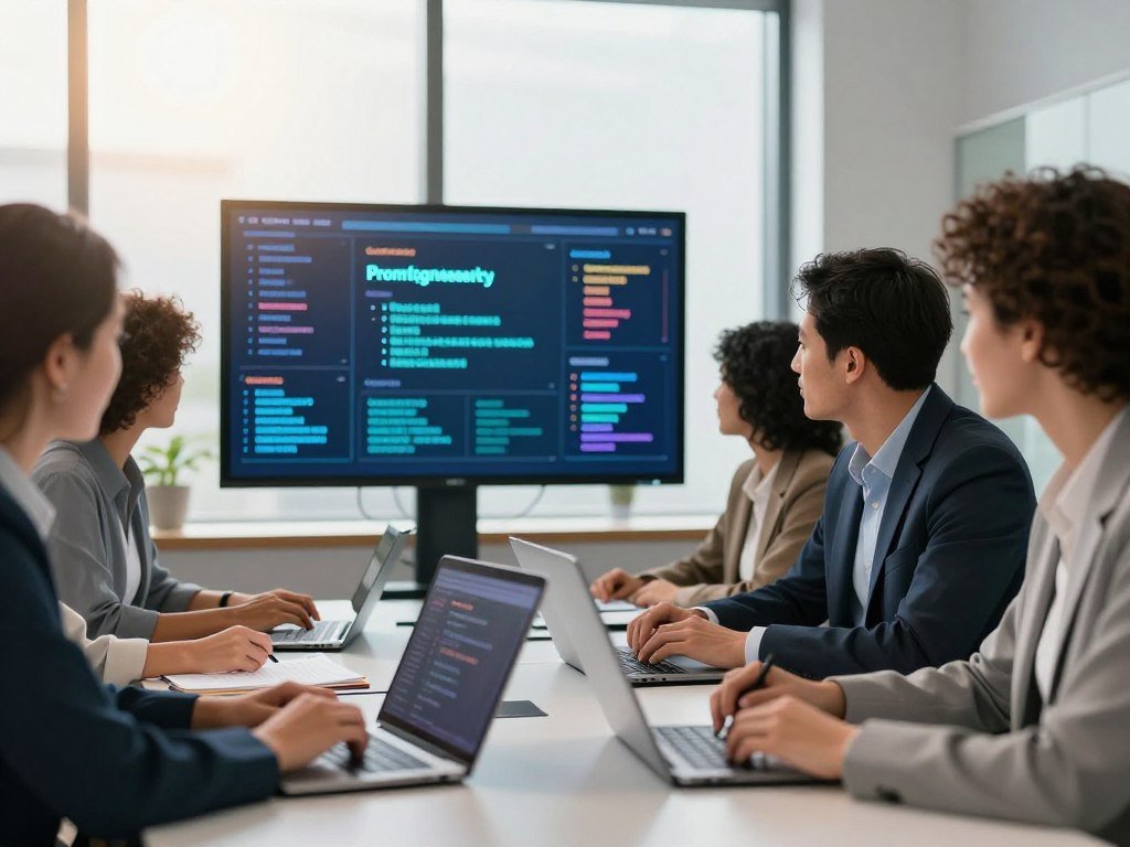 A close-up view of a diverse group of professionals focused on mastering prompt engineering in a modern office environment. In the foreground, a woman and a man, both dressed in smart business attire, are engaged in a collaborative brainstorming session with laptops and notebooks spread across a sleek conference table. The middle layer features a digital display showcasing colorful data visualizations and prompt examples, symbolizing high-quality results. In the background, a large window allows natural sunlight to stream in, casting warm light that enhances the creative atmosphere. The overall mood is vibrant and inspiring, emphasizing innovation and teamwork, with a soft depth of field effect. The lighting is bright yet soft, highlighting the efficient workspace while maintaining a professional tone.