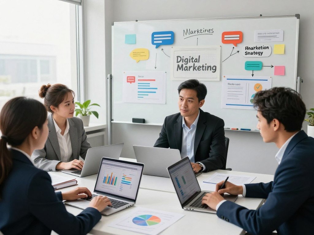 A creative workspace with a focus on a digital marketing strategy for chat stories. In the foreground, a diverse group of three professionals, one woman and two men, engaged in a brainstorming session. They are dressed in smart business attire, surrounded by notes and open laptops displaying charts and analytics for audience engagement. The middle layer features a large whiteboard filled with colorful marketing ideas and storytelling concepts. In the background, a bright window allows natural light to flood in, creating an inviting atmosphere. The mood is energetic and collaborative, highlighting innovation and teamwork. The camera angle is slightly elevated, showcasing both the participants and the dynamic workspace environment. Overall, the scene conveys the excitement of building an audience through creative marketing efforts.