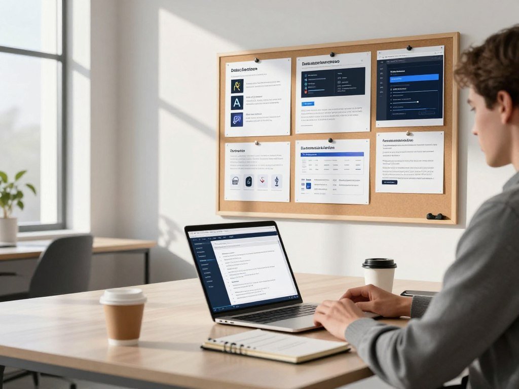 A digital workspace environment showcasing various AI data annotation freelance opportunities. In the foreground, a professional person, dressed in smart casual clothing, sits at a modern desk with a laptop open, displaying data annotation tasks. On the desk, a notepad with notes and a coffee cup create a focused atmosphere. In the middle ground, a bulletin board is filled with pinned job offers and tools for data annotation, like tagging software screenshots and guidelines. The background features a well-lit, minimalist office space with large windows allowing natural light to stream in, casting soft shadows. The mood is energetic and motivating, emphasizing productivity and career growth in the AI field.