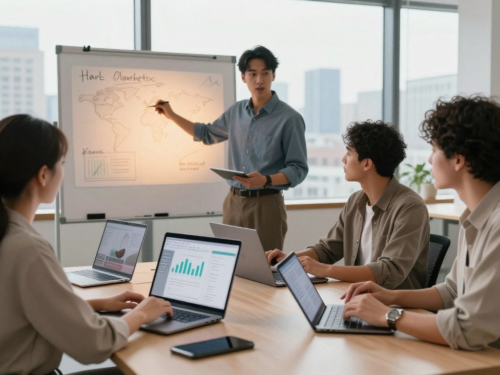 A diverse group of four professionals in a modern, bright office setting, each engaging with various digital devices like laptops and tablets, while discussing marketing strategies for meditation audio. The foreground features a woman in smart casual attire helping a colleague, their screens showing graphs and analytics related to meditation content. In the middle, a man passionately presenting ideas on a digital whiteboard, illuminated by soft, warm lighting that creates a welcoming atmosphere. The background displays a large window showcasing a panoramic city skyline, symbolizing a global reach. The overall mood is collaborative and innovative, with soft colors promoting tranquility and focus.