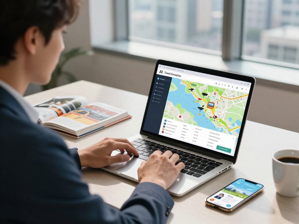 A dynamic digital workspace scene illustrating the concept of AI travel itineraries. In the foreground, a professional individual wearing smart business attire is focused on a sleek laptop displaying an interactive travel planning interface with vibrant maps and suggested itineraries. The middle layer features an organized desk with travel guides, a smartphone with travel-related apps open, and a coffee mug, creating a productive atmosphere. In the background, a bright window reveals a cityscape, symbolizing adventure and exploration. Soft, natural light filters through, casting gentle shadows. The overall mood conveys efficiency and excitement for future journeys, showcasing the convenience and innovation of AI in travel planning.