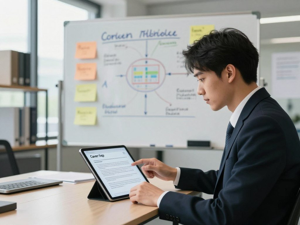 A dynamic office environment showcasing a professional setting focused on artificial intelligence cover letter tips. In the foreground, a well-dressed young professional (in business attire) sits at a modern desk, intently reviewing a digital tablet displaying a cover letter outline, emphasizing quality control and ethical considerations. The middle ground features a large whiteboard filled with colorful notes, diagrams, and AI-related keywords, symbolizing strategic planning. The background includes shelves with books on AI and career development, soft natural light pouring in through large windows, creating a bright and inviting atmosphere. The scene should convey a sense of innovation, professionalism, and determination, shot with a slight depth of field to emphasize the subject while softening the background.