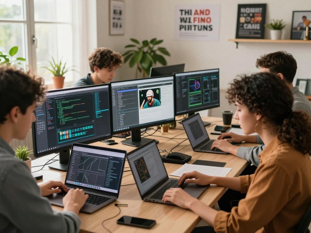 A focused and inspiring scene of a remote data annotation workspace. In the foreground, a diverse group of three professionals, dressed in business casual attire, are engaged in annotation work on sleek laptops, highlighting their concentration. The middle ground features multiple monitors displaying annotated AI data and training images, showcasing a range of digital tools. The background reveals a cozy home office with motivational posters and plants, softly lit by warm natural light filtering through a nearby window, creating an inviting atmosphere. The angle captures the dynamic interaction among the team, emphasizing collaboration and productivity in the evolving tech landscape of AI.